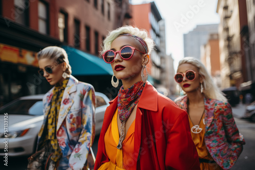 Group of young female hipsters walking on street. Generative AI