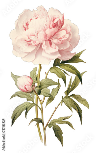 Pink peony clipart in retro style. Vintage botanical illustration on isolated background. Generative AI