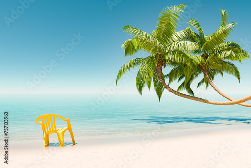 Solitary Yellow Chair on Tropical Beach with Palm Trees © TheCatEmpire Studio