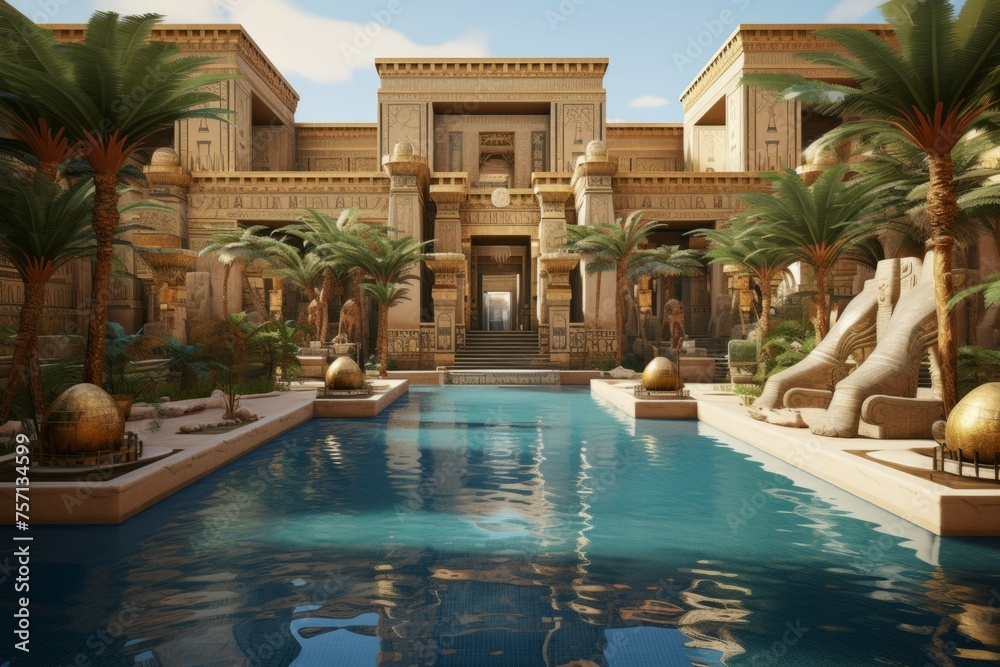 A luxurious pharaoh's palace in ancient Egypt with opulent rooms and a serene oasis.