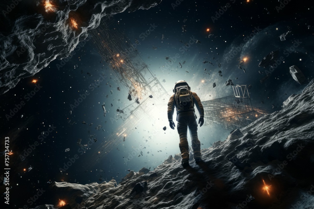 Fototapeta premium Lone astronaut repairing damaged spaceship in space