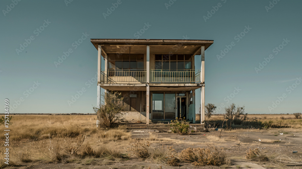 A dilapidated two-story building stands isolated in the midst of a dry grass field, emanating an atmosphere of solitude and desolation. A dilapidated two-story building stands isolated in the midst of a dry grass field, emanating an atmosphere of solitude and desolation.