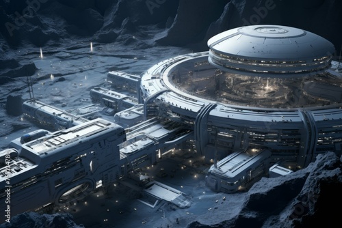 Moon colony's transportation hub with futuristic spaceport and efficient interplanetary travel