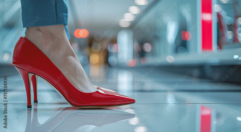 a close-up photo of a woman's feet wearing red shoes, standing on a reflective floor within a shopping center setting. - obrazy, fototapety, plakaty 