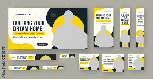 Construction Web Banner Ads Set, Google ads banner, web banner template design for social media posts
