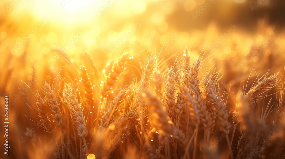 Golden Wheat Field with Sunlight Shining Through Trees in the Background on a Beautiful Summer Day