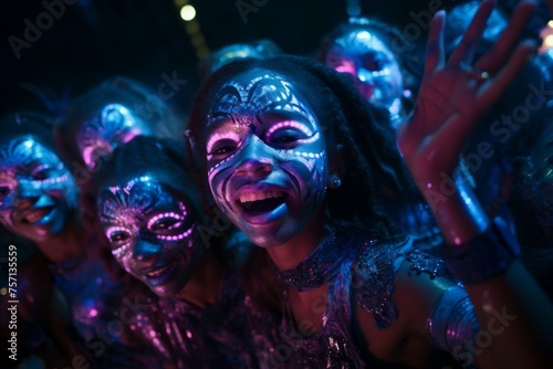 Kids dancing under black lights with glow-in-the-dark face paint on New Year's Eve.