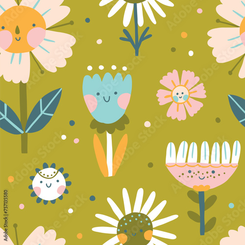 Flowers characters with smiling faces seamless pattern. A naive childish hand-drawn illustration in scandinavian style. Spring chamomile and tulips. Funny texture for surface design, textile, fabric. © Світлана Харчук