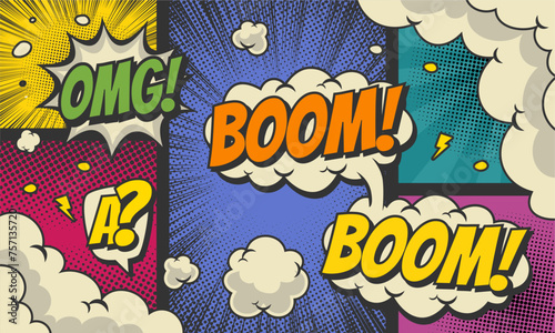 colorful comic cartoon panel page background with speech bubble expression