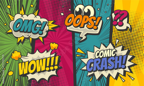 colorful comic cartoon panel page background with speech bubble expression