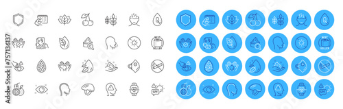 Gluten free, Head and Organic product line icons pack. Wash hands, No alcohol, Cherry web icon. Dont touch, Medical tablet, Bicycle helmet pictogram. Cough, Skin care, Mental health. Vector