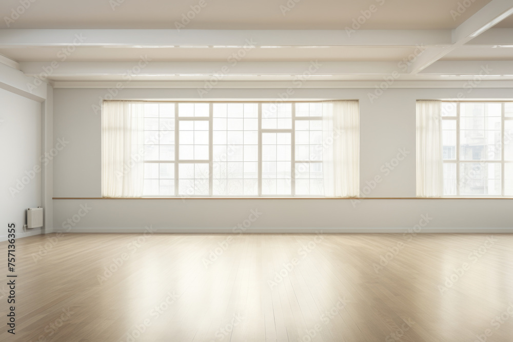 Interior of an empty dance and fitness studio with loft design.