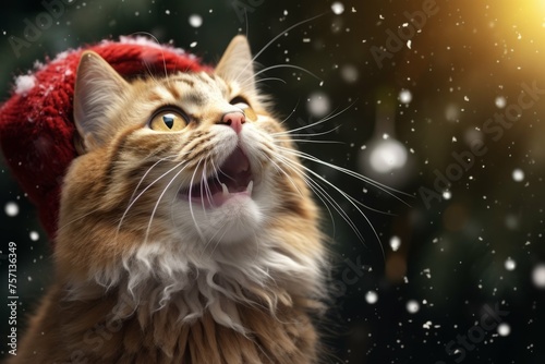 Christmas cat in a snowy forest