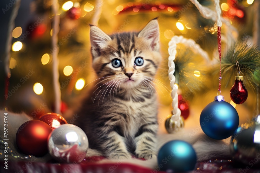 Group of kittens dressed in Christmas costumes around a decorated tree Group of kittens dressed in Christmas costumes around a decorated tree