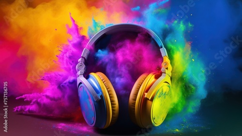 Pair of headphones are shown with colorful background that matches the colors on the headphones. photo