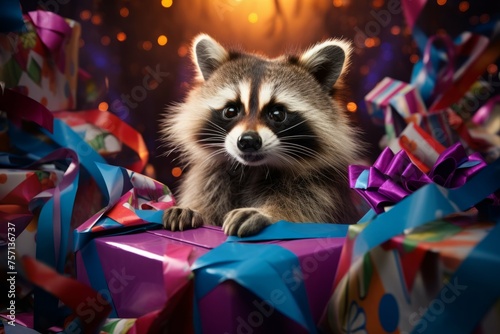 Curious raccoon peeking out of a gift box