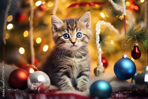 Group of kittens dressed in Christmas costumes around a decorated tree