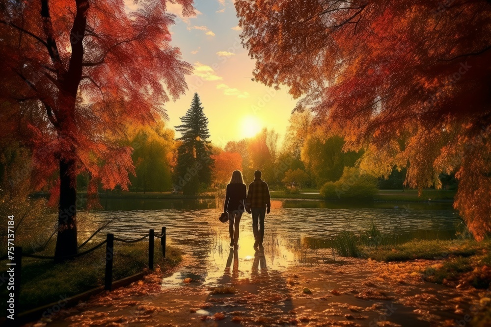 Romantic sunset walk in colorful autumn park Romantic sunset walk in colorful autumn park