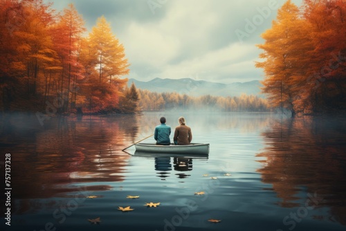 Romantic boat ride on calm autumn lake