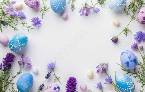 Background with Easter eggs and spring flowers, frame in the middle. Copyspace for your text.