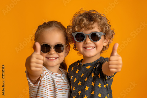 a couple of kids wearing sunglasses and giving thumbs up