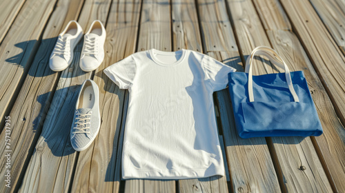 t shirt mock up with shoes, bags and bag, in the style of handcrafted designs, light white and white, poured resin, extruded design, rustic charm, double lines, simple designs © Дмитрий Симаков