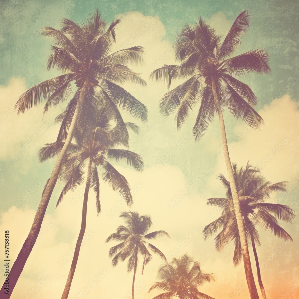 Fototapeta premium The Sky Behind Palm Trees, Immersed in Vintage Aesthetics, Eliciting Nostalgia