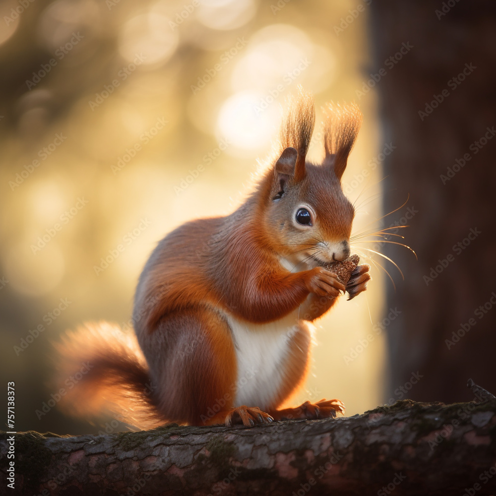 cute red squirrel, eating nuts on a branch of a beautiful tree under sunset lighting сreated with Generative Ai