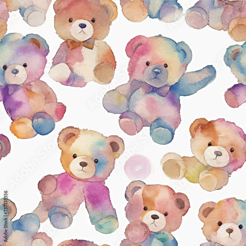 watercolor colorful teddy bear seamless pattern
