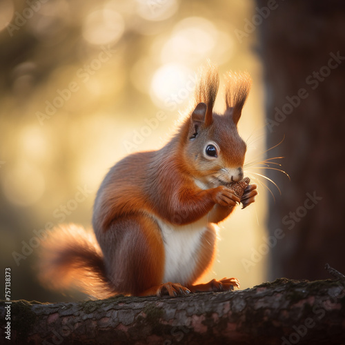 cute red squirrel, eating nuts on a branch of a beautiful tree under sunset lighting сreated with Generative Ai © Andrii Yablonskyi