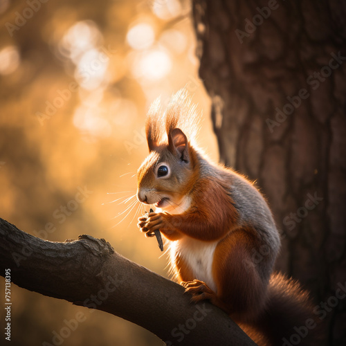 cute red squirrel  eating nuts on a branch of a beautiful tree under sunset lighting   reated with Generative Ai