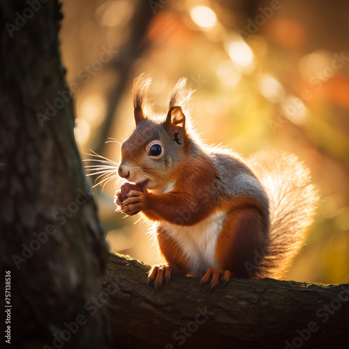 cute red squirrel, eating nuts on a branch of a beautiful tree under sunset lighting сreated with Generative Ai