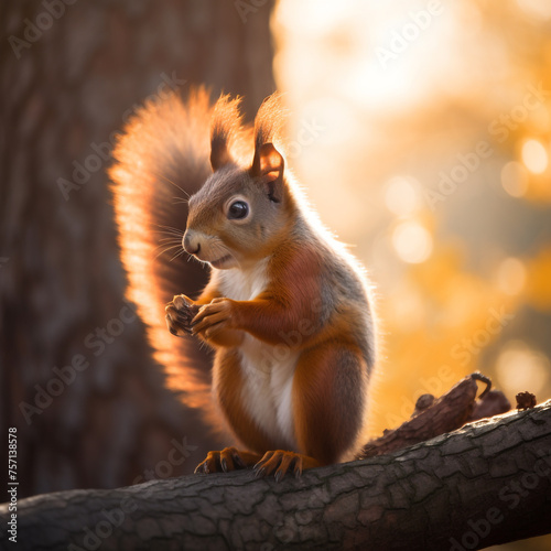 cute red squirrel  eating nuts on a branch of a beautiful tree under sunset lighting   reated with Generative Ai