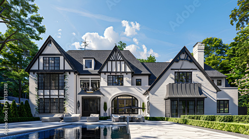 a modern farmhouse with a wrap-around porch and shingle exterior, surrounded by lush greenery,3d rendering of cute cozy white and black modern Tudor style house with parking and pool for sale or rent 