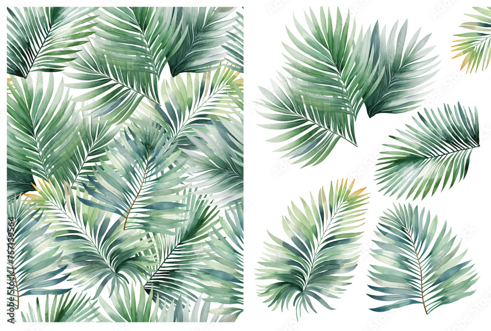Tropical leaves watercolor seamless pattern green floral background