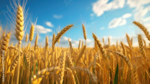 Golden wheat field with blue sky and clouds in background.