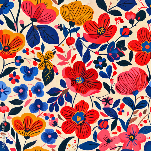 Retro Spring Floral Elegance  Vintage Inspired  Vibrant Colors  Seamless Pattern  Artfully Crafted  Created using generative AI