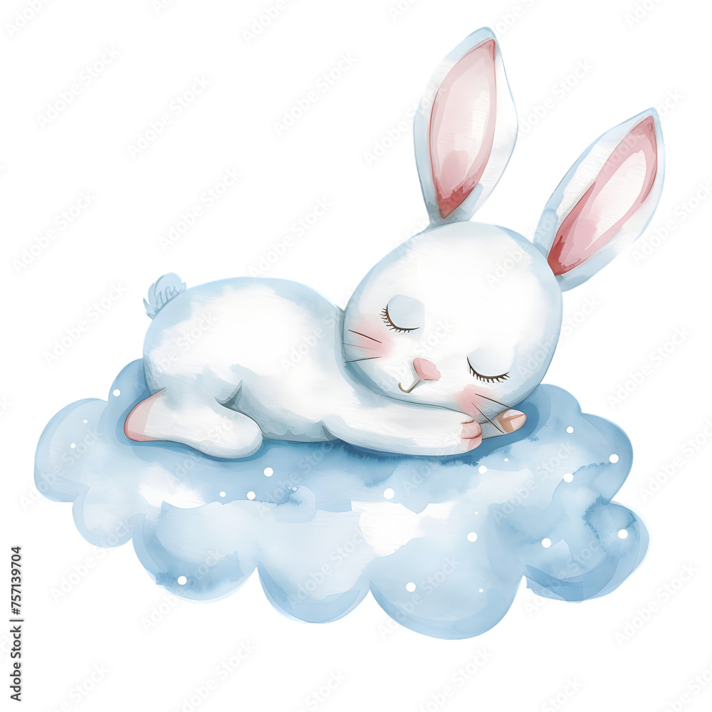 Cute bunny sleeping on the cloud watercolor illustration isolated on transparent background Cute bunny sleeping on the cloud watercolor illustration isolated on transparent background