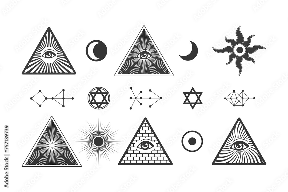 Illuminati occult symbols set, freemasons allseeing eye pyramid