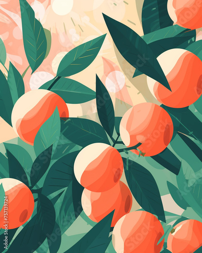 digital illustration poster with peaches, modern flat style, simple no shadows, gentle colors сreated with Generative Ai