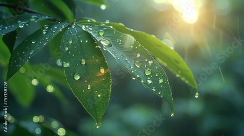 a close up of a green leaf with drops of water on it, with the sun shining in the background. photo