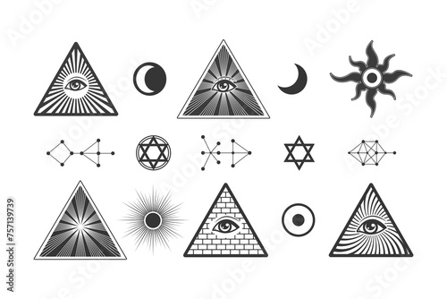 Illuminati occult symbols set, freemasons all-seeing eye pyramid, vector elements isolate on white.