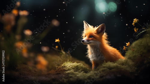 Enchanting Fox in a Fairy-tale Setting, Surrounded by Mystical Nighttime Atmosphere and Ethereal Light, Emanating Whimsy and Magic, Perfect for Fantasy Illustrations, Storybook Covers, or Mythical