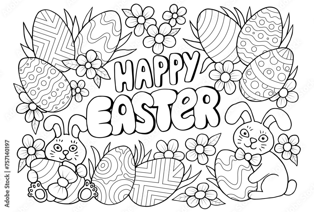Cute Happy Easter coloring book page with Easter bunny, eggs, and flowers. Antistress Easter coloring book page for adults.