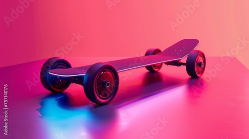 A skateboard rests gracefully on a vibrant pink floor