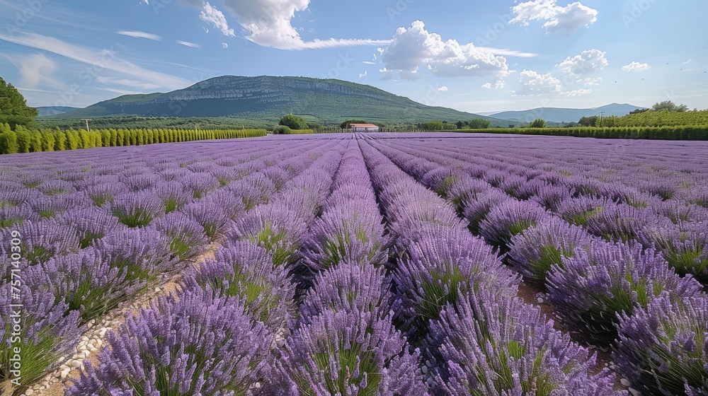 a large field of lavender flowers with a house in the distance in the distance is a mountain range with a house in the distance.