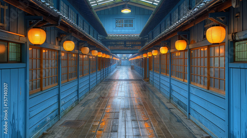 a long blue building with lanterns hanging from it's ceiling and lights on either side of the building on either side of the walkway. photo