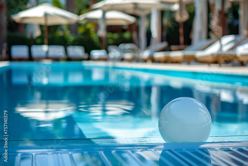 A white beach ball floating in the pool of an elegant hotel with sun loungers and umbrellas on the side