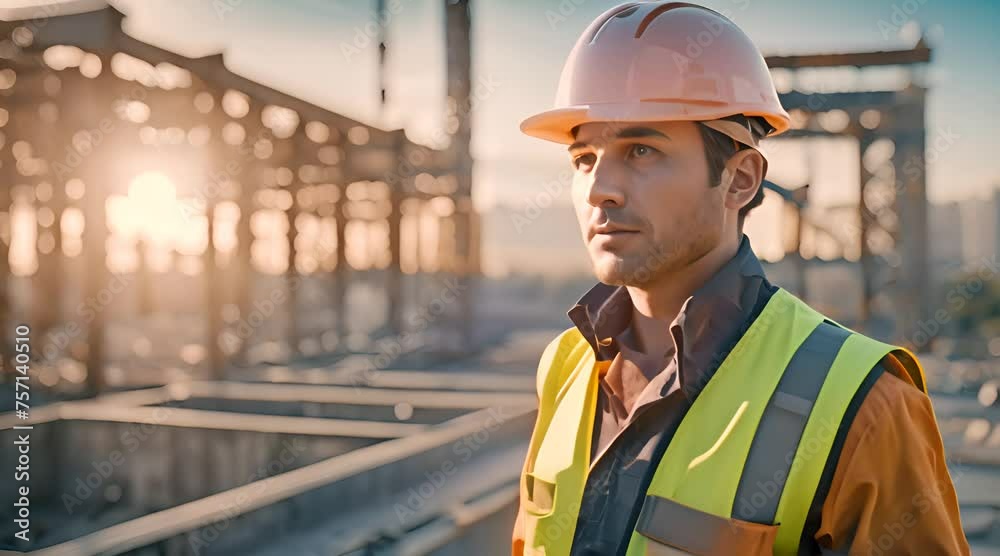 Worker Contractor Wearing Hard Hat and Safety Vests on Industrial Building Construction Site. In the Background Crane, Skyscraper Concrete Formwork Frames Worker Contractor Wearing Hard Hat and Safety Vests on Industrial Building Construction Site. In the Background Crane, Skyscraper Concrete Formwork Frames