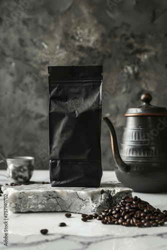Black coffee bag mockup. Coffee bag placed on marble stone with coffee beans
